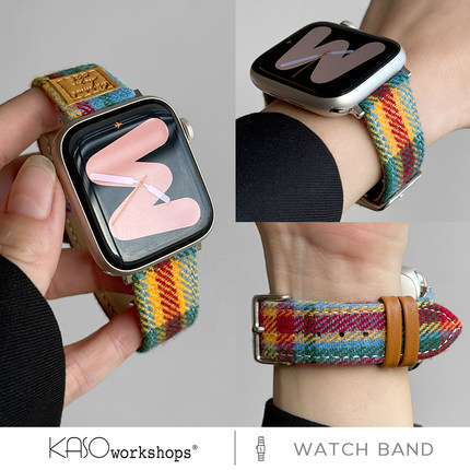 KASO适用苹果手表S10表带秋冬韩风感毛呢applewatch 9代新款iwatch8皮质复古小香风小众高级感女款ultra