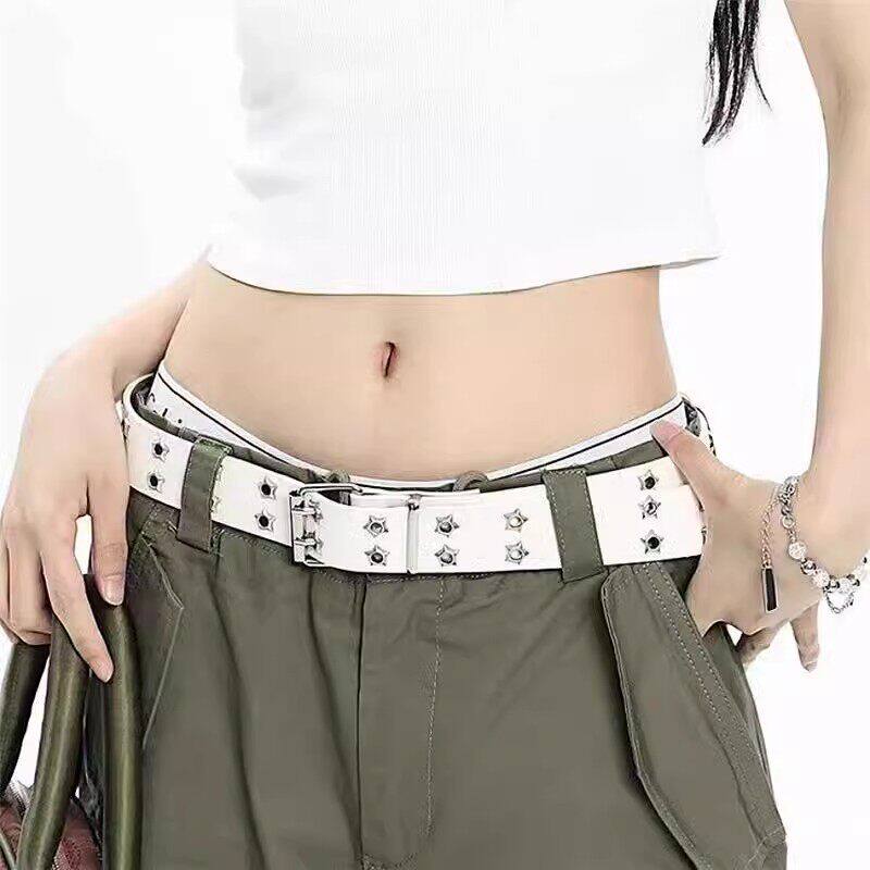 星星多孔美式宽腰带女2023新款裤带牛仔裤设计感小众y2k皮带白色