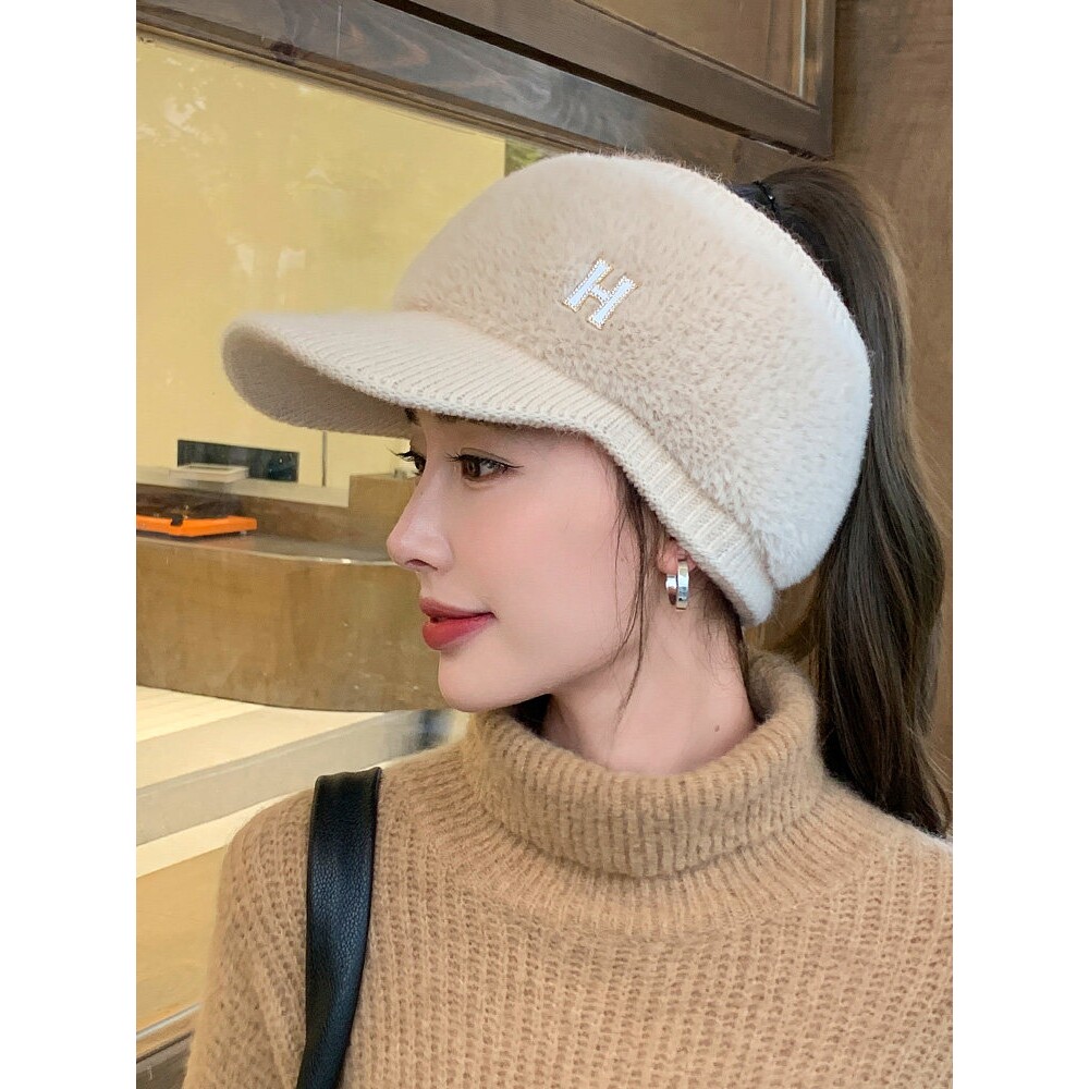 空顶针织毛线帽女秋冬季保暖鸭舌棒球女帽子加绒加厚骑车冬天防寒
