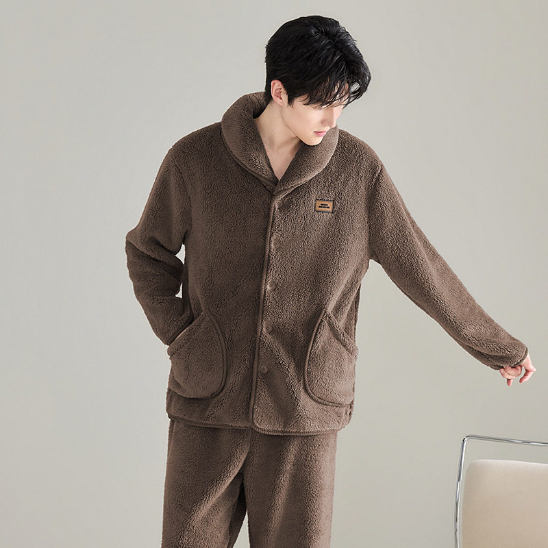 睡衣男秋冬加厚加绒法兰绒套装珊瑚绒家居服开衫休闲大码保暖冬装