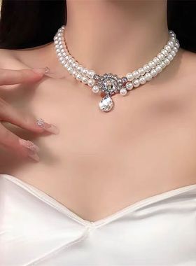 轻奢小众感高级感双层珍珠项链女颈链锁骨链choker配饰