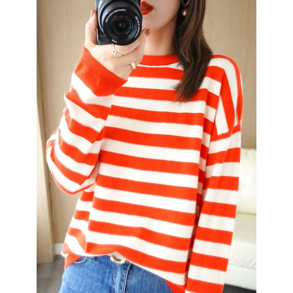 羊毛混纺圆领撞色条纹毛衣女秋冬新款打底长袖修身显瘦内搭针织衫,女装/女士精品,羊绒衫,淘宝优惠券,粉丝福利购,淘宝优惠卷