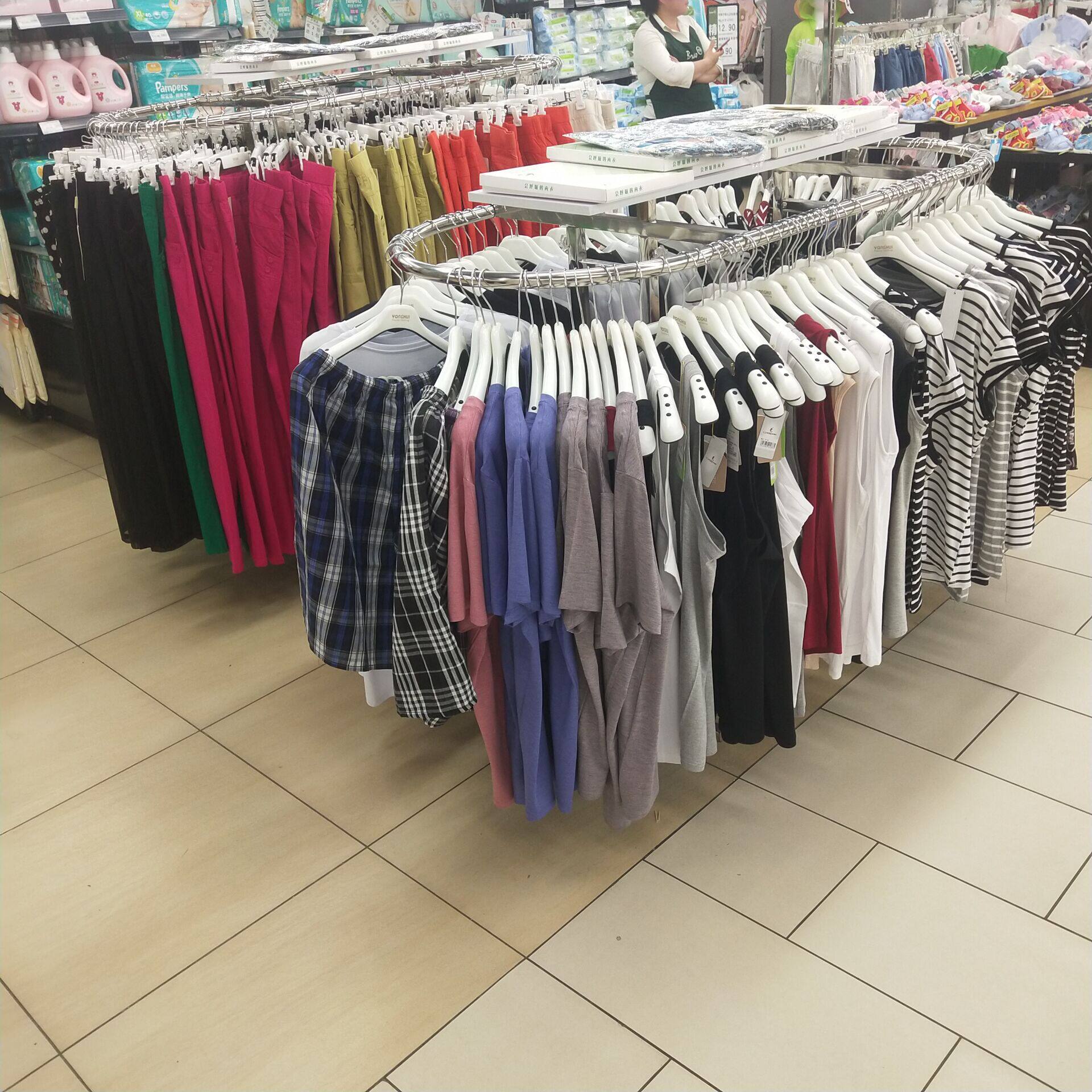 女装服装店衣架展示架双杠圆形中岛落地式童装货架陈列架带板双杆