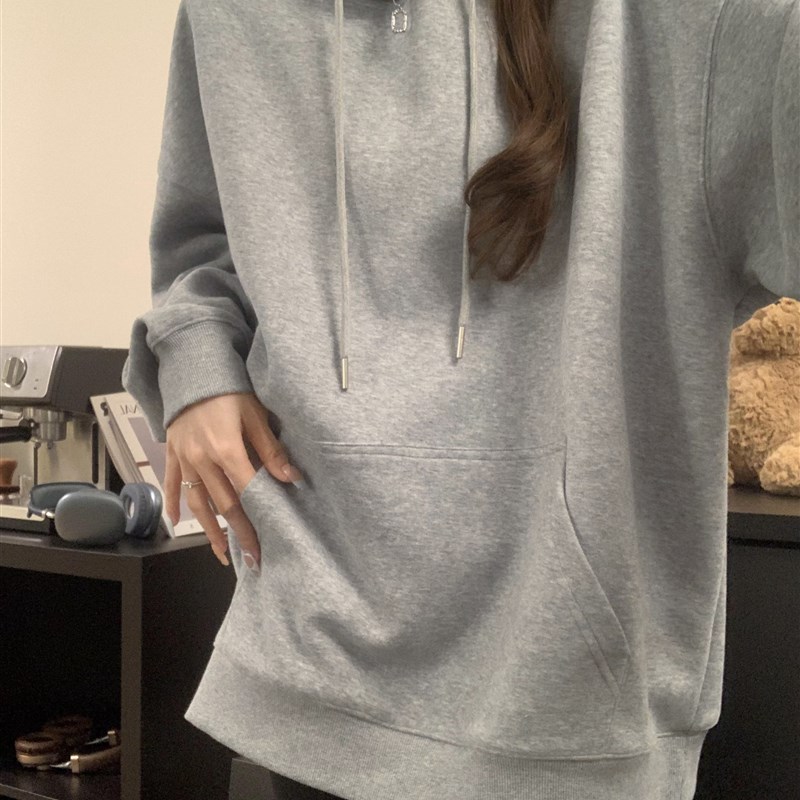 纯欲连帽卫衣女灰色2025秋季新款宽松慵懒风套头美式带帽外套上衣