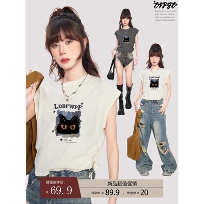美式短袖t恤女夏夏季无袖坎肩修身背心小众设计感小飞袖短款上衣