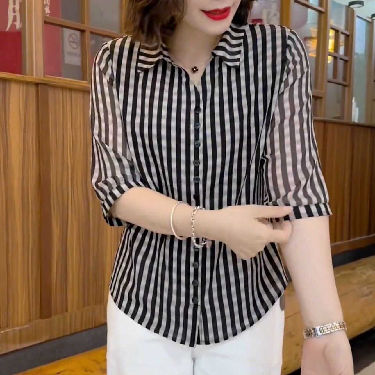 中老年女夏装妈妈衬衫2025新款洋气高贵小衫格子七分袖气质上衣潮