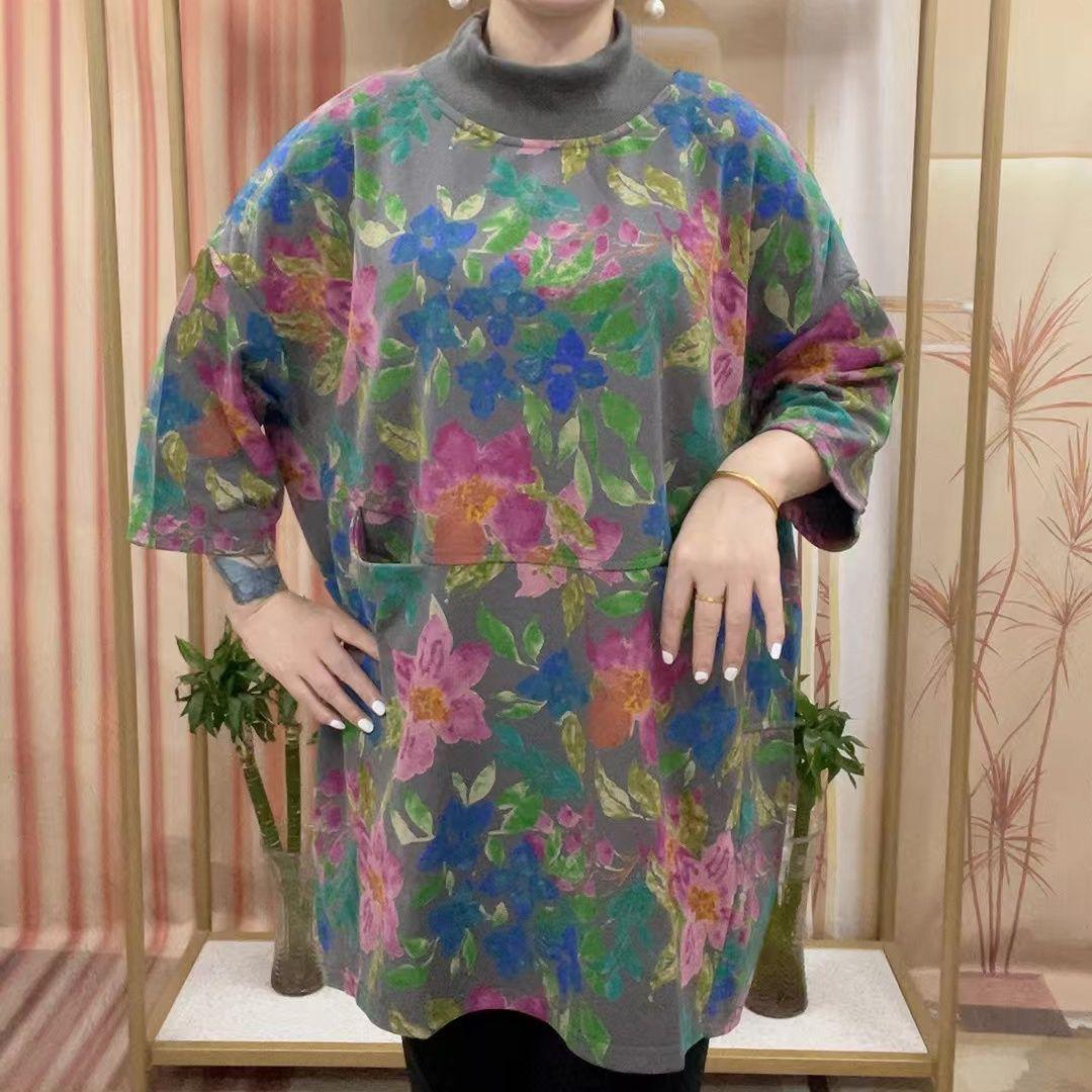 2025秋季新款中老年妈妈装印花大版衫宽松大码中长款套头显瘦上衣