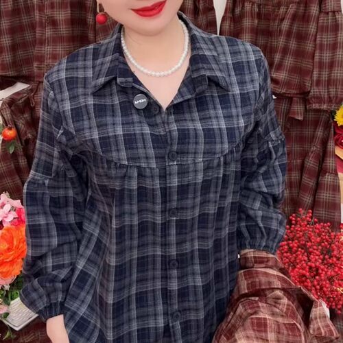 民族风复古格子翻领妈妈外套