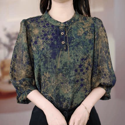 春季新款漂亮衬衫时尚2026女装显瘦印花洋气宽松七分袖雪纺上衣潮