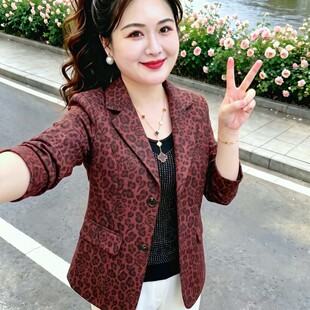 大码中年妈妈豹纹西装2026秋季新款时尚高级感口袋宽松显瘦外套女