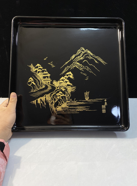 日本中古实木木粉树脂胎金箔工艺沈金莳绘长手盆托盘茶盘漆器盘