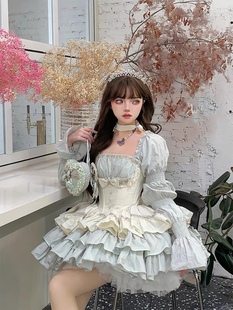 POSHE洛丽塔新款高定如心小偶像樱草绿少女粉色公主裙气质连衣裙