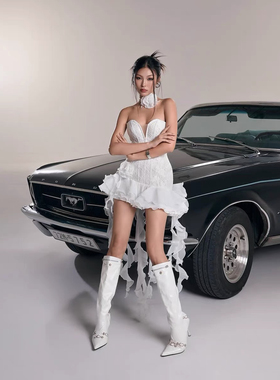 越南Laneci新蝴蝶结灰色抹胸裙/白色花朵垂飘抹胸裙女连衣裙