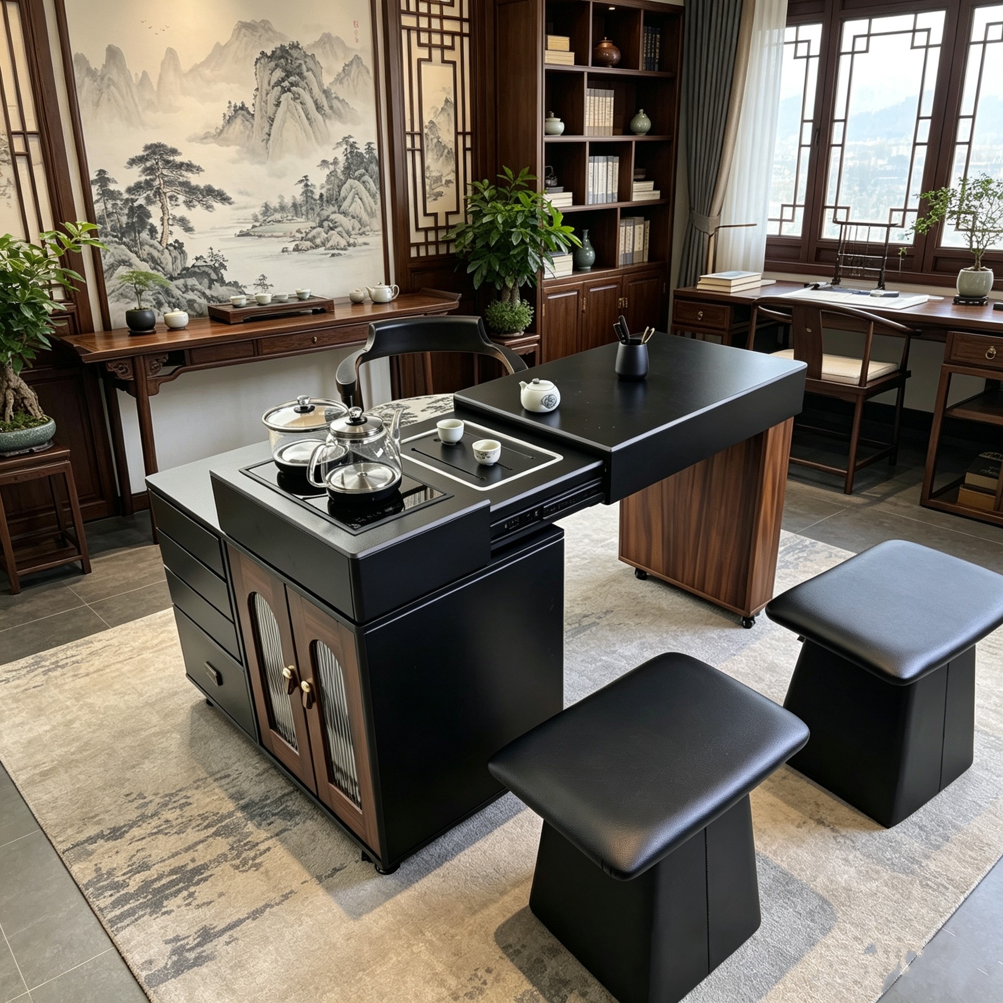 意式实木岩板茶桌现代简约小户型家用阳台茶台两用客厅茶桌椅组合