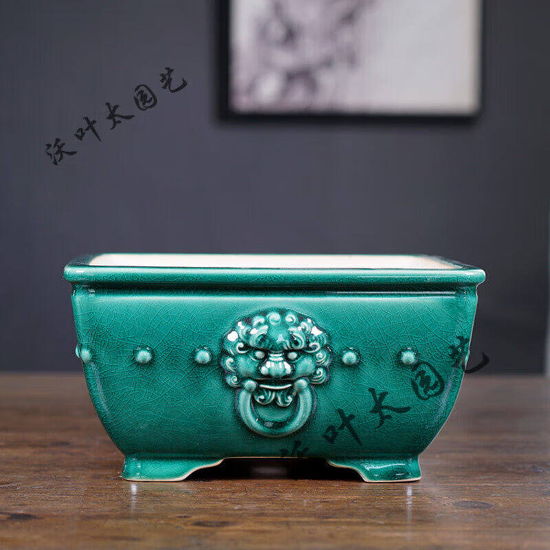 权夫人紫砂花盆四方盆景盆白瓷冰裂釉鼓丁兽头方盆大口径新款石湾