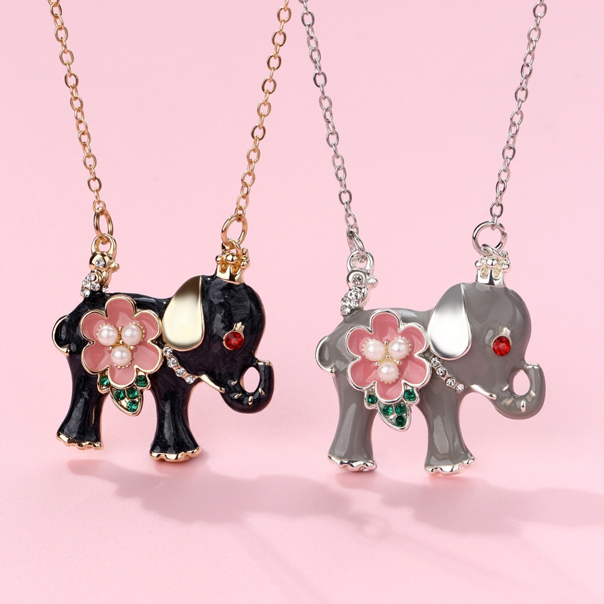 黑灰小象可爱卡通闺蜜项链女二人款花朵轻奢小众儿童女童姐妹吊坠