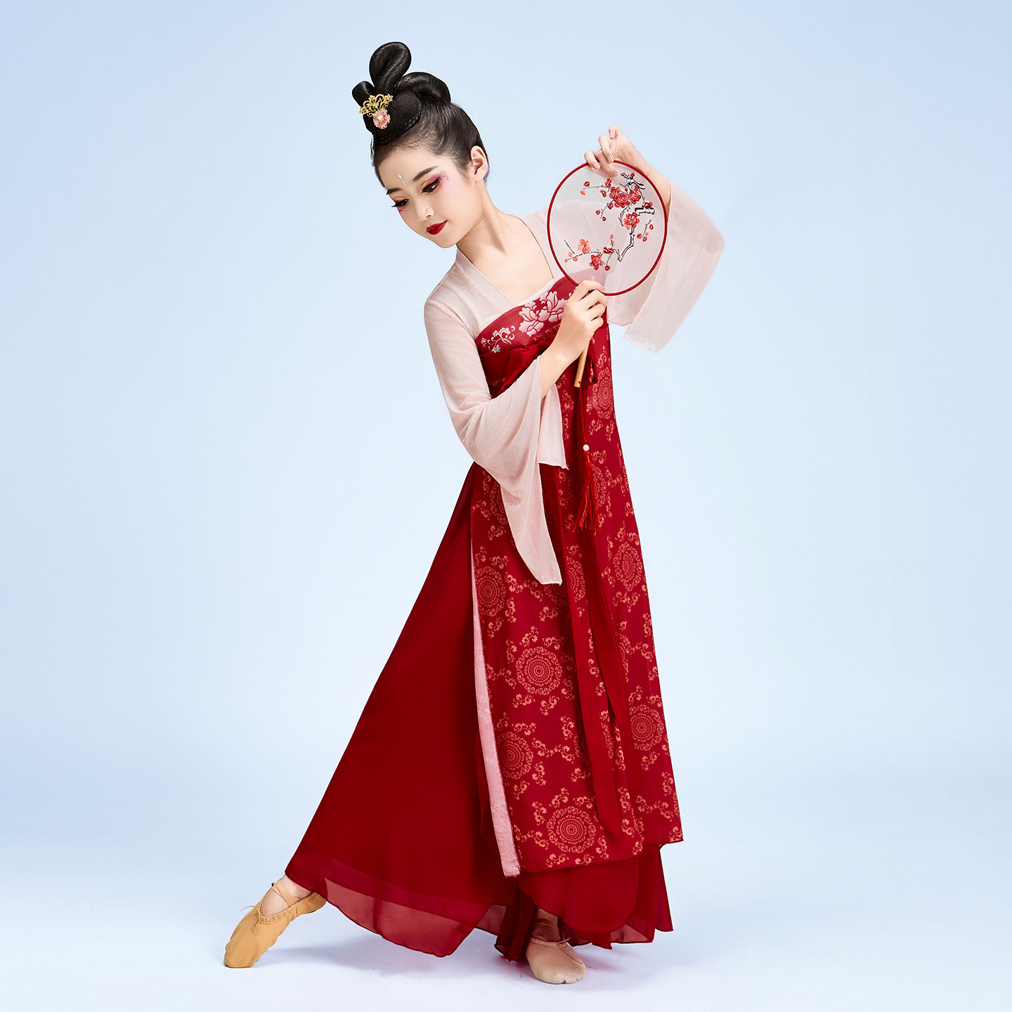 古典舞蹈服身韵纱衣儿童汉唐古风女童红色长款忆红妆团扇演出服装