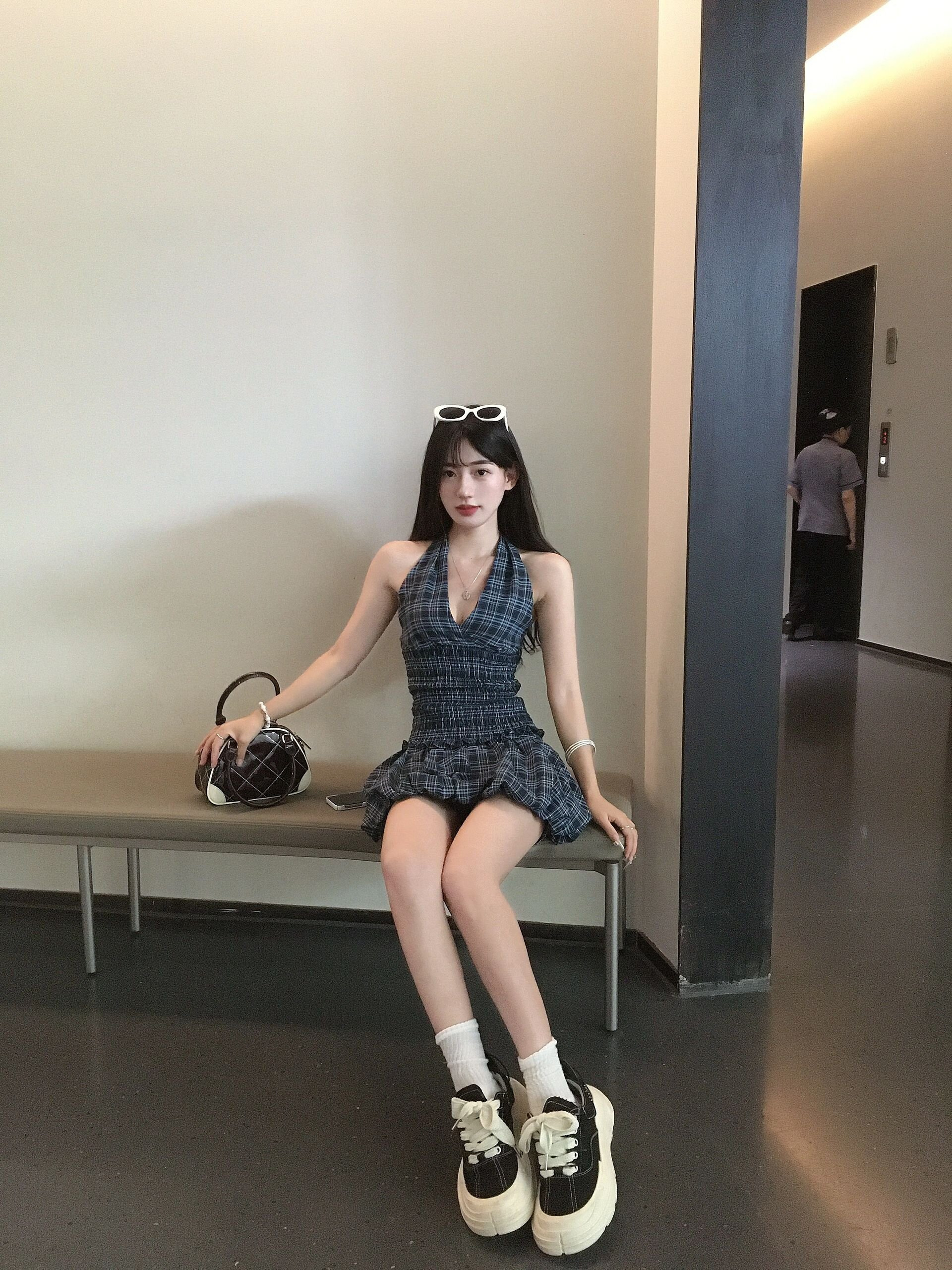 藏青色格子上衣套装女夏季炸街美式甜辣妹挂脖吊带背心短裙两件套