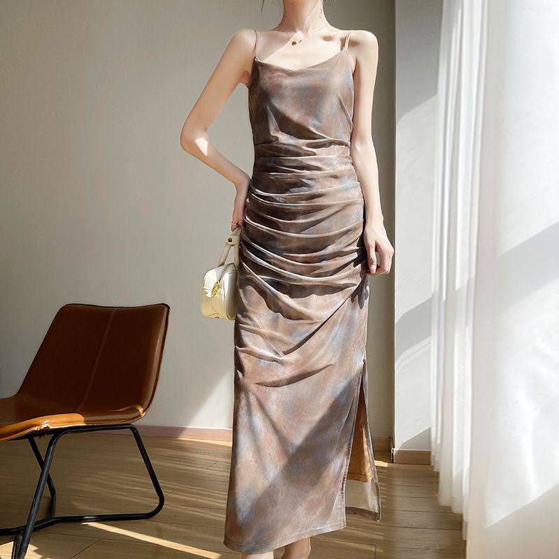 春夏新款一字领网纱吊带连衣裙性感辣妹风印花褶皱开叉女无袖长裙,女装/女士精品,礼服/晚装,淘宝优惠券,粉丝福利购,淘宝优惠卷