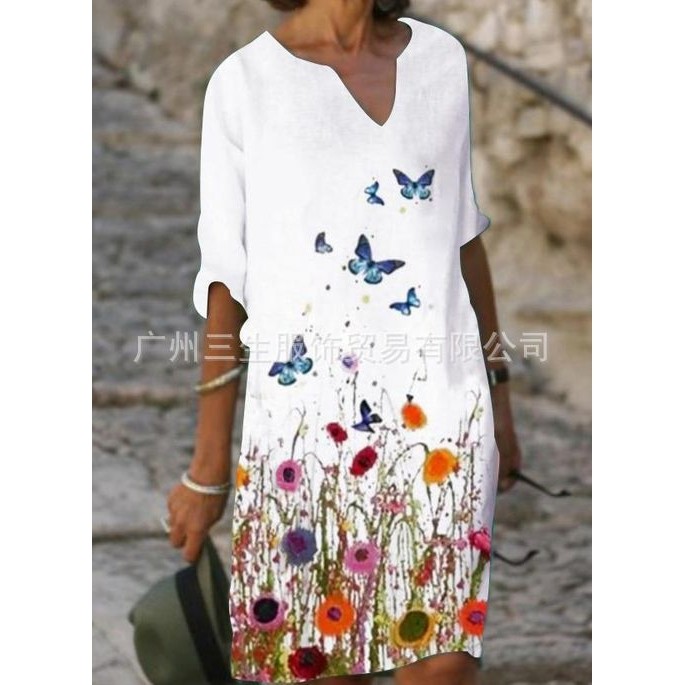 2024拼色印花拼布V领宽松竹复古文艺圆领五分袖大码连衣裙优雅,女装/女士精品,连衣裙,淘宝优惠券,粉丝福利购,淘宝优惠卷