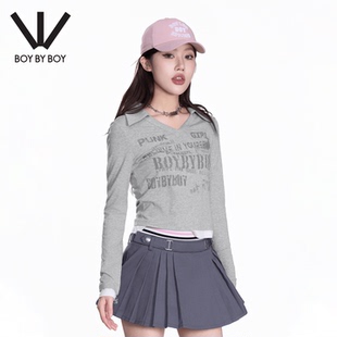 V领长袖 BOY潮牌25秋新款 T恤百搭休闲字母印花女上衣 BOY