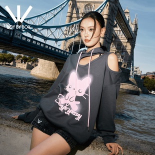 百搭猫咪印花露肩性感连帽卫衣女上衣 BOY潮牌25秋新款 BOY