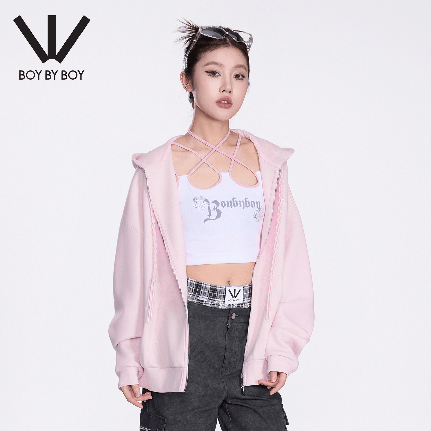 BOY BY BOY潮25秋冬新品牌粉色宽松连帽开衫卫衣女休闲拉链外套,女装/女士精品,卫衣/绒衫,淘宝优惠券,粉丝福利购,淘宝优惠卷