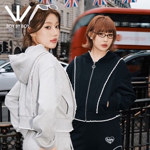 宽松显瘦撞色开衫 Boy休闲运动风连帽卫衣女拉链短款 上衣 Boy