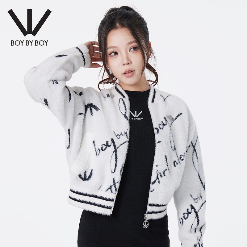 BOY BY BOY冬季潮牌女装弹力截短精致满印提花柔软毛织夹克外套