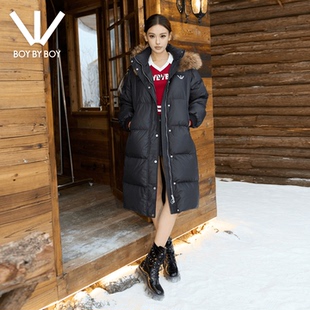 BOY BY BOY潮牌长款羽绒服女连帽带毛领保暖外套黑色酷辣风