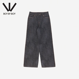 女宽松直筒长裤 Boy复古豹纹阔腿牛仔裤 显瘦 Boy