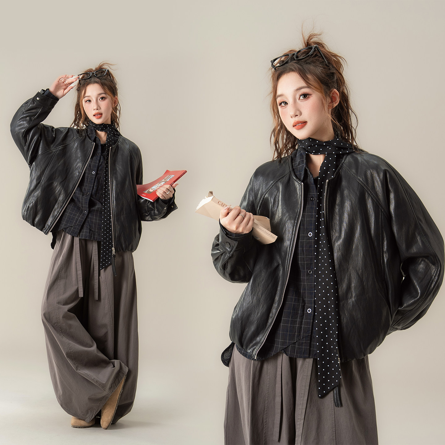 复古机车风黑色皮衣女2026年秋冬图片