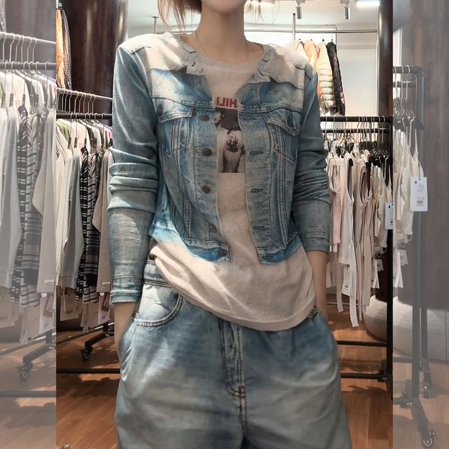 韩版复古牛仔夹克印花长袖T恤女图片