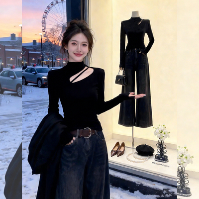 酷飒撩人~黑色半高领打底衫女