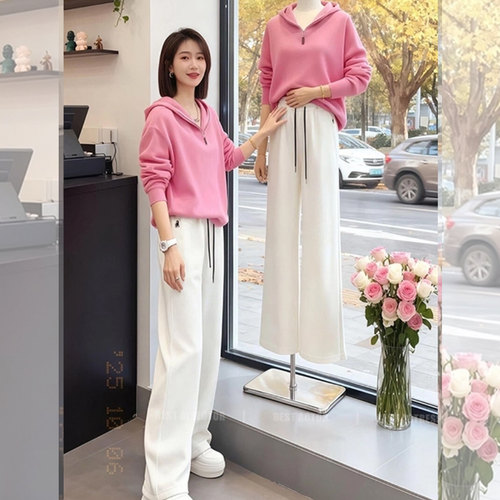 秋日气息~白色宽松直筒休闲裤女