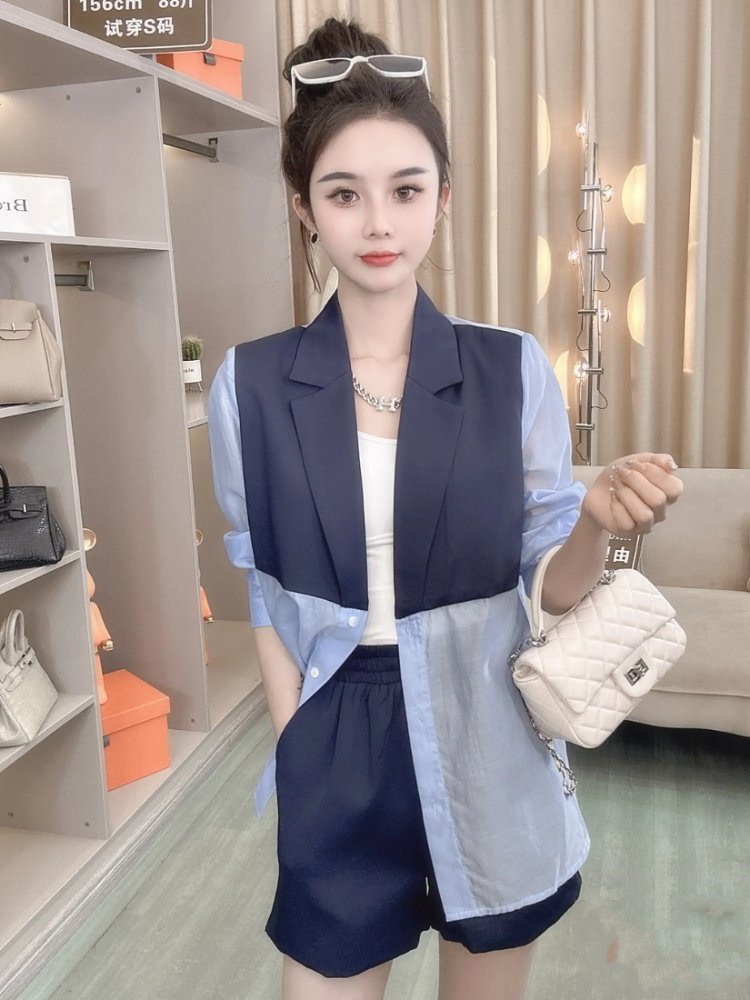 欧货高级感气质西服套装女春夏小个子拼色薄款防晒衬衫短裤两件套图片