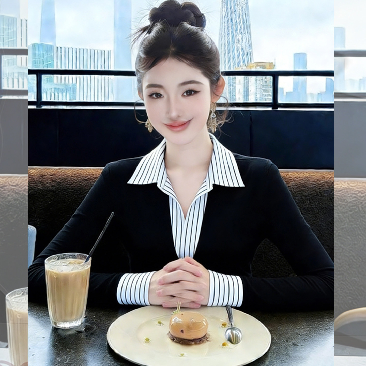 轻法通勤~气质Polo领衬衣女款条纹拼接显瘦内搭打底衫假两件上衣,女装/女士精品,大码内搭,淘宝优惠券,粉丝福利购,淘宝优惠卷