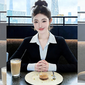 条纹拼接显瘦内搭打底衫 轻法通勤 气质Polo领衬衣女款 假两件上衣