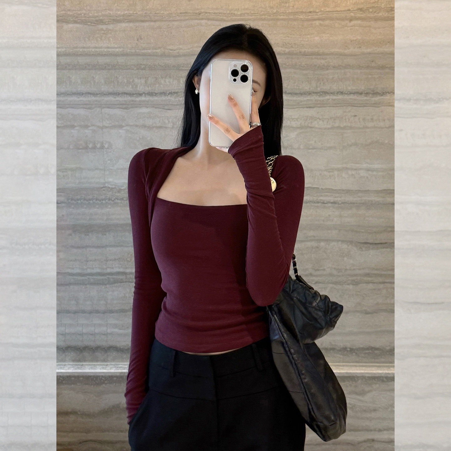 显白~酒红色设计感方领长袖上衣