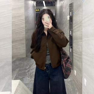 韩里韩气~咖色翻领小个子短款棒球服外套女酷飒休闲百搭夹克上衣
