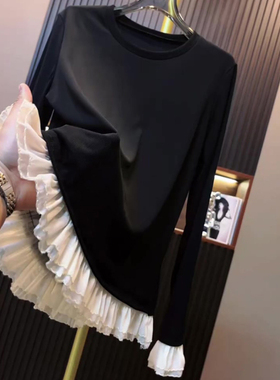 韩版时尚拼接木耳边黑色上衣女2025春秋新款减龄长袖圆领舒适衬衣