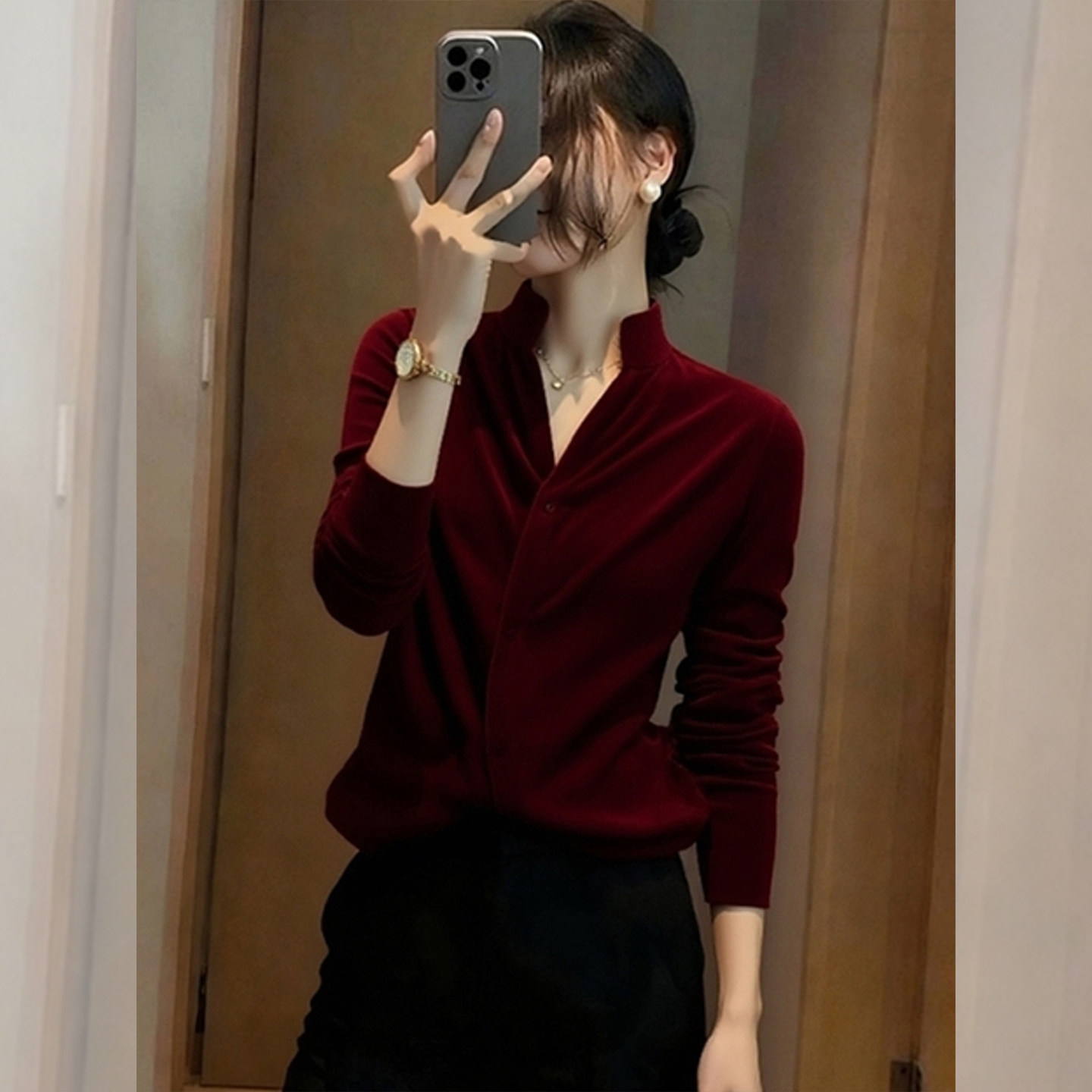 雕塑气质~法式酒红色立领丝绒衬衫女秋冬复古小衫修身V领正肩上衣