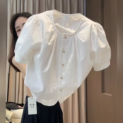 欧货小众设计感短袖杏色衬衫女2025新款爆款宽松显瘦气质短款上衣