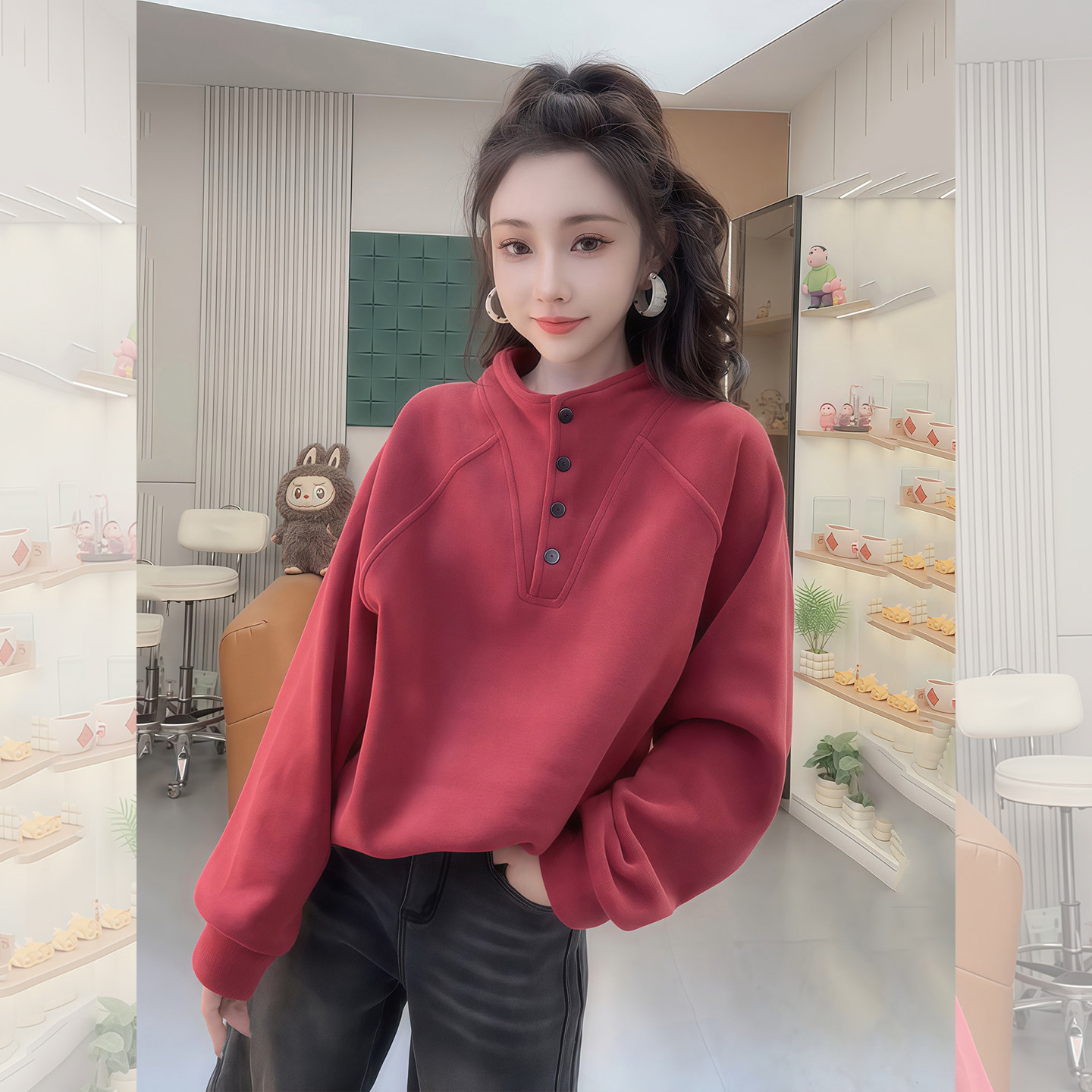 靓装慵懒~红色半高领卫衣套头女士秋冬季加厚时尚设计感保暖上衣,女装/女士精品,大码内搭,淘宝优惠券,粉丝福利购,淘宝优惠卷