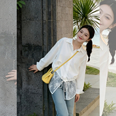 云白蕾丝 衬衣 女宽松翻领系带下摆防晒长袖 春季 白色蕾丝拼接衬衫