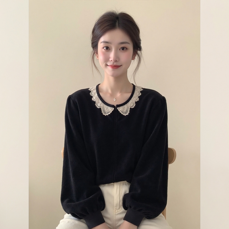 赫本风黑色撞色蕾丝花边丝绒上衣