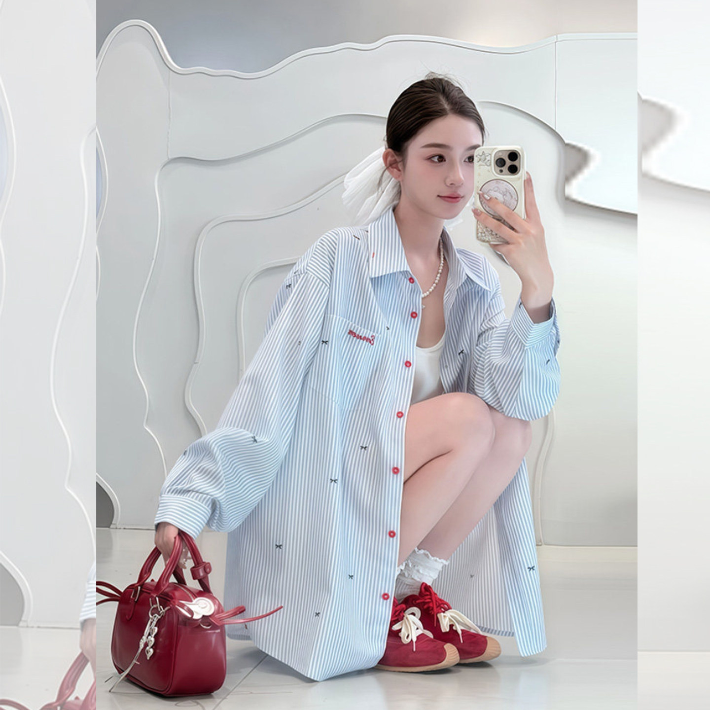 海盐氧气~蓝白条纹刺绣衬衫女宽松显瘦中长款防晒衫甜美百搭上衣,女装/女士精品,短外套,淘宝优惠券,粉丝福利购,淘宝优惠卷