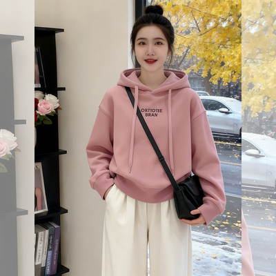 粉色连帽套头连帽卫衣女冬