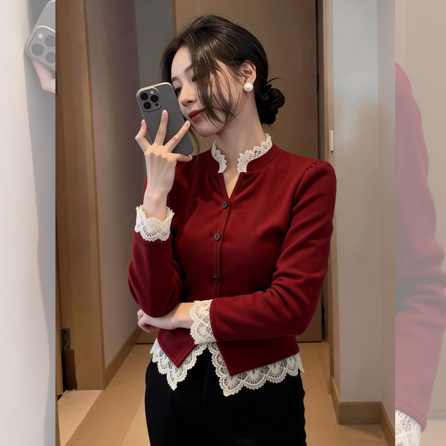 曼城旧事~红色蕾丝边内搭长袖T恤女秋季新中式修身显瘦打底衫上衣