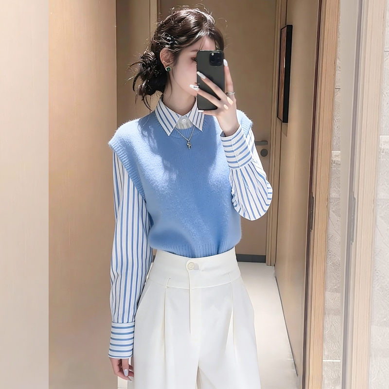 假两件蓝色条纹衬衫女2026春季流行爆款内搭叠穿气质独特长袖衬衣,女装/女士精品,大码内搭,淘宝优惠券,粉丝福利购,淘宝优惠卷